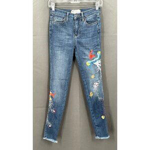 Free People Jeans Women 25 Embroidery Peacock Floral Raw Hem Mid Rise Denim Boho